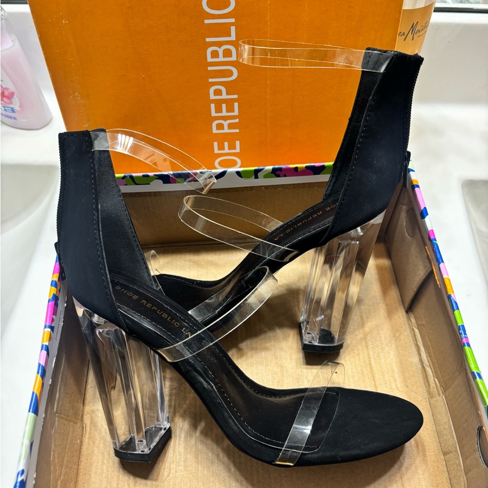 Shoe Republic LA Black Clear-Strap Lucite Block Heel Sandals